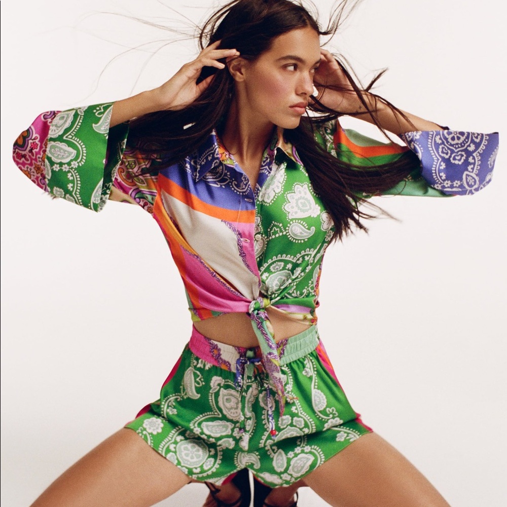 Zara Patchwork Tie Front Blouse + Short Co Ord
